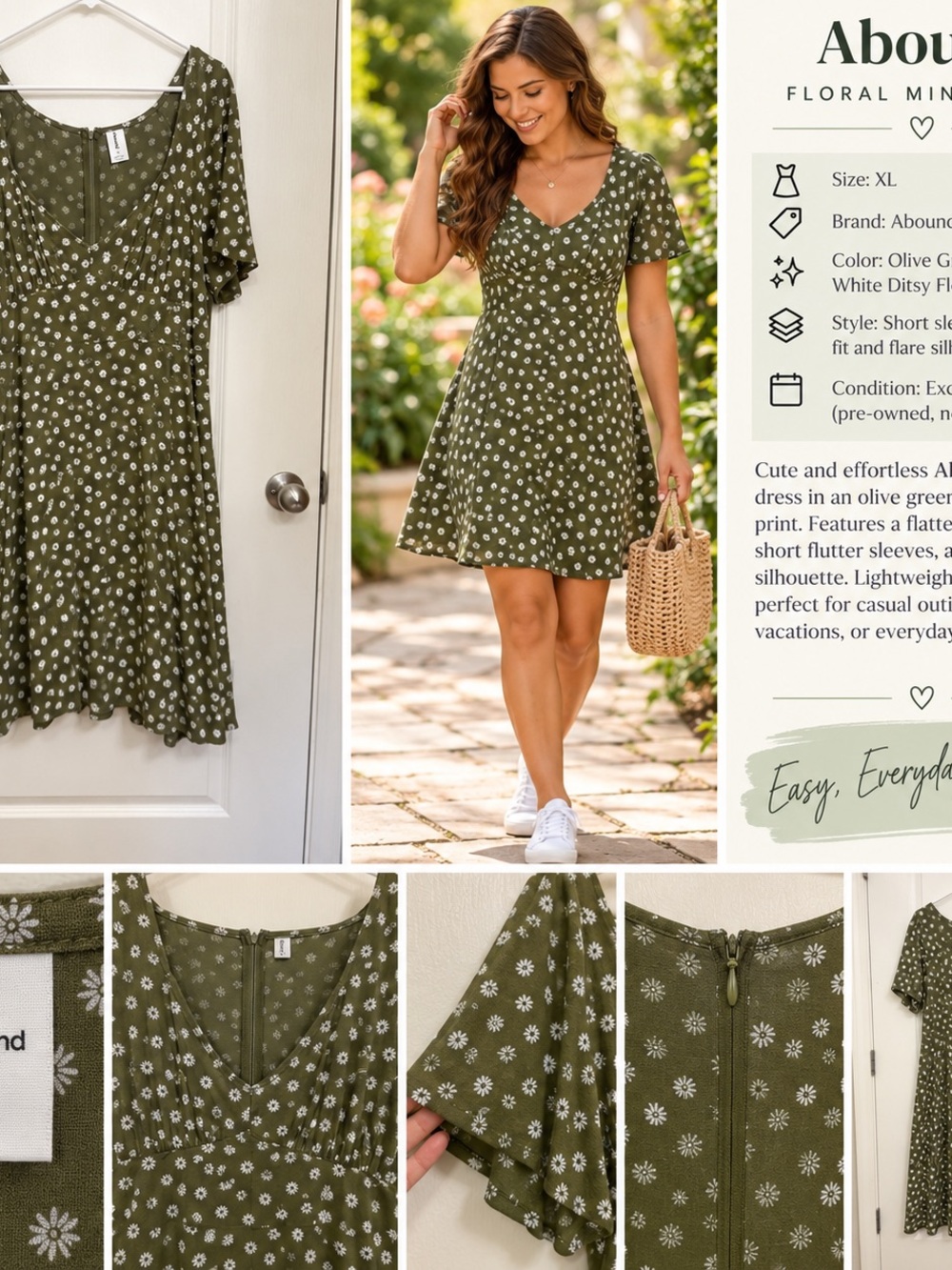 Abound Olive Green with White Ditsy Floral Mini Dress
